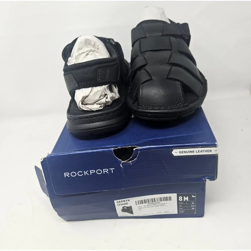 Rockport Darwyn Fishermen Men's Black Leather Sandals Size 8M CI5688